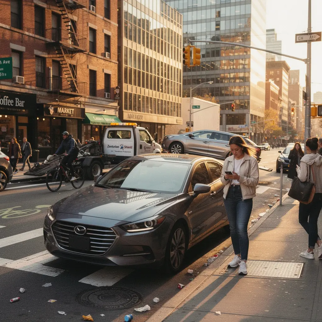 Grafika przedstawiająca samochód z uśmiechniętą rodziną w tle.